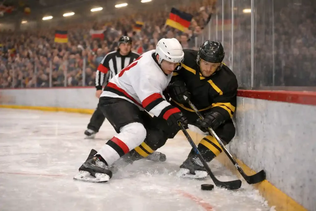 Eishockeyspiel in einer deutschen Arena mit Fans und Spielern auf dem Eis
