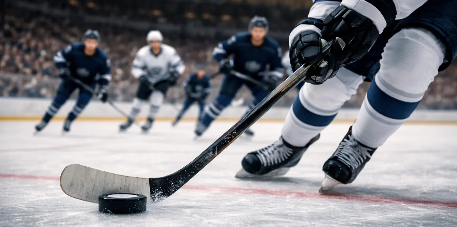 Volle Eishockey-Arena von oben mit beleuchteter Eisfläche und Zuschauertribünen