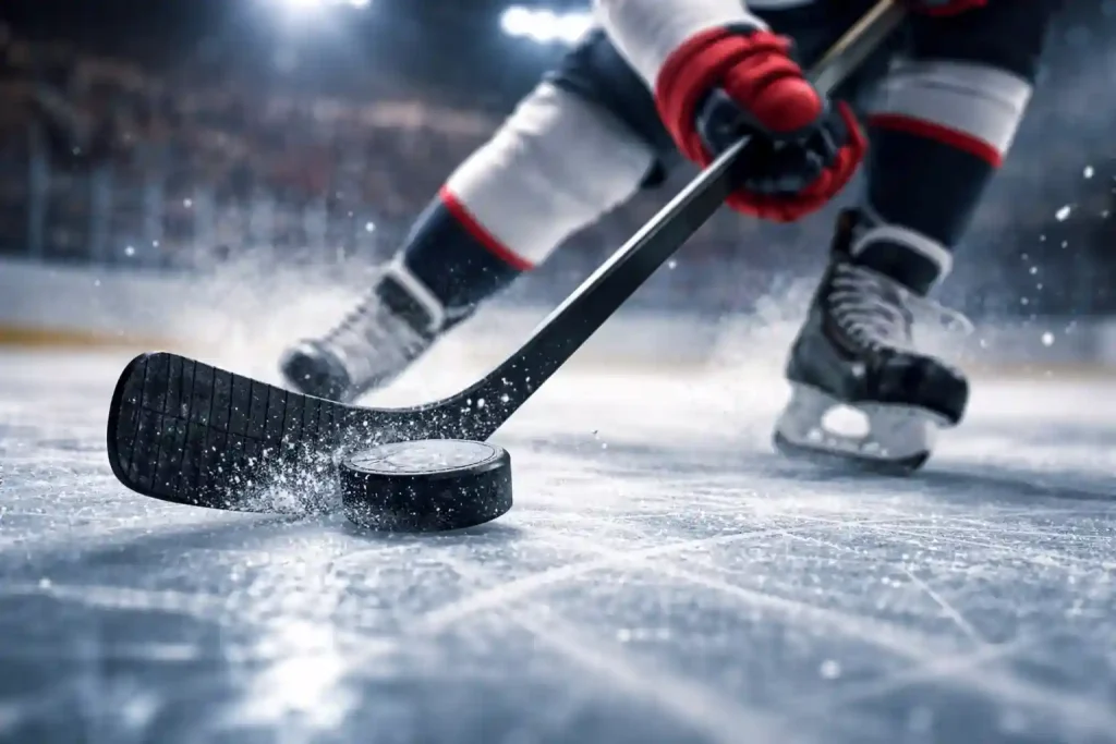 Nahaufnahme eines Eishockeyspiels in einer vollen Arena mit gespannten Zuschauern