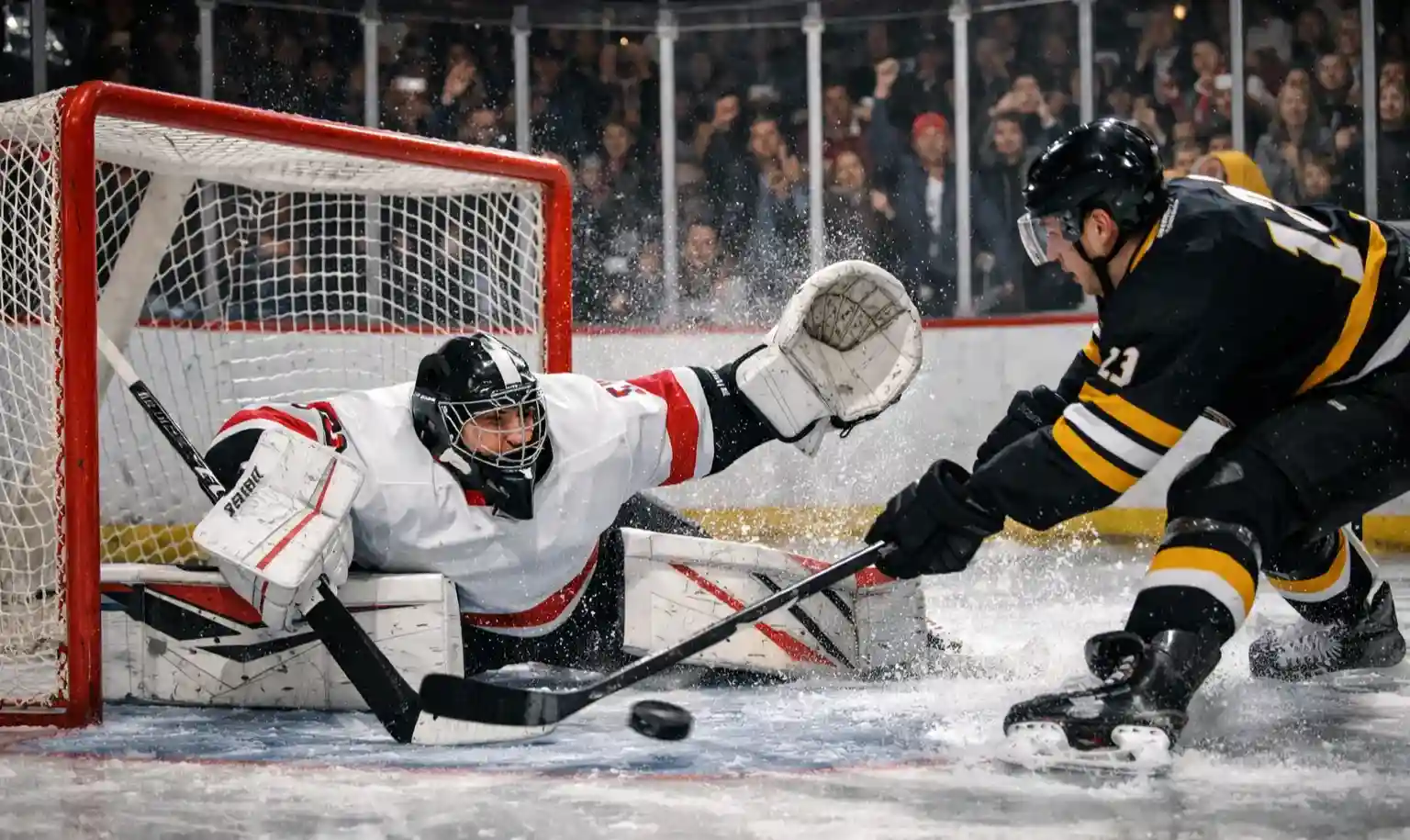 Dynamische Eishockey-Spielszene mit Torhüter und Angreifer vor dem Tor