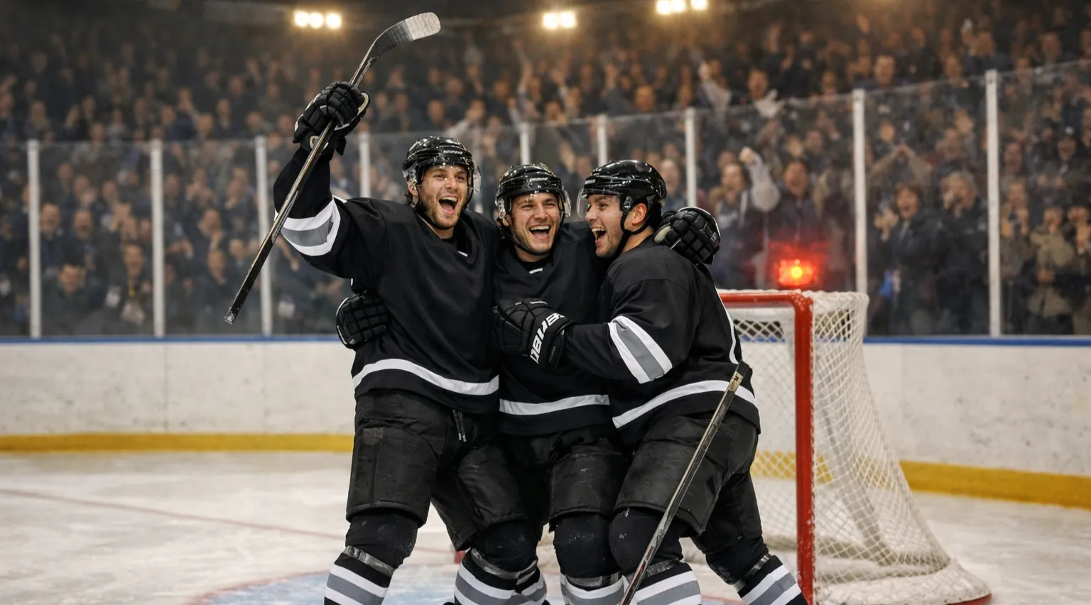 Eishockeyspieler jubeln nach einem Tor vor begeisterten Fans