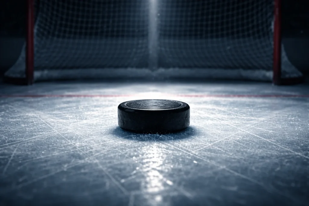 Eishockey-Puck auf der Eisfläche vor dem Tor mit Scheinwerferlicht