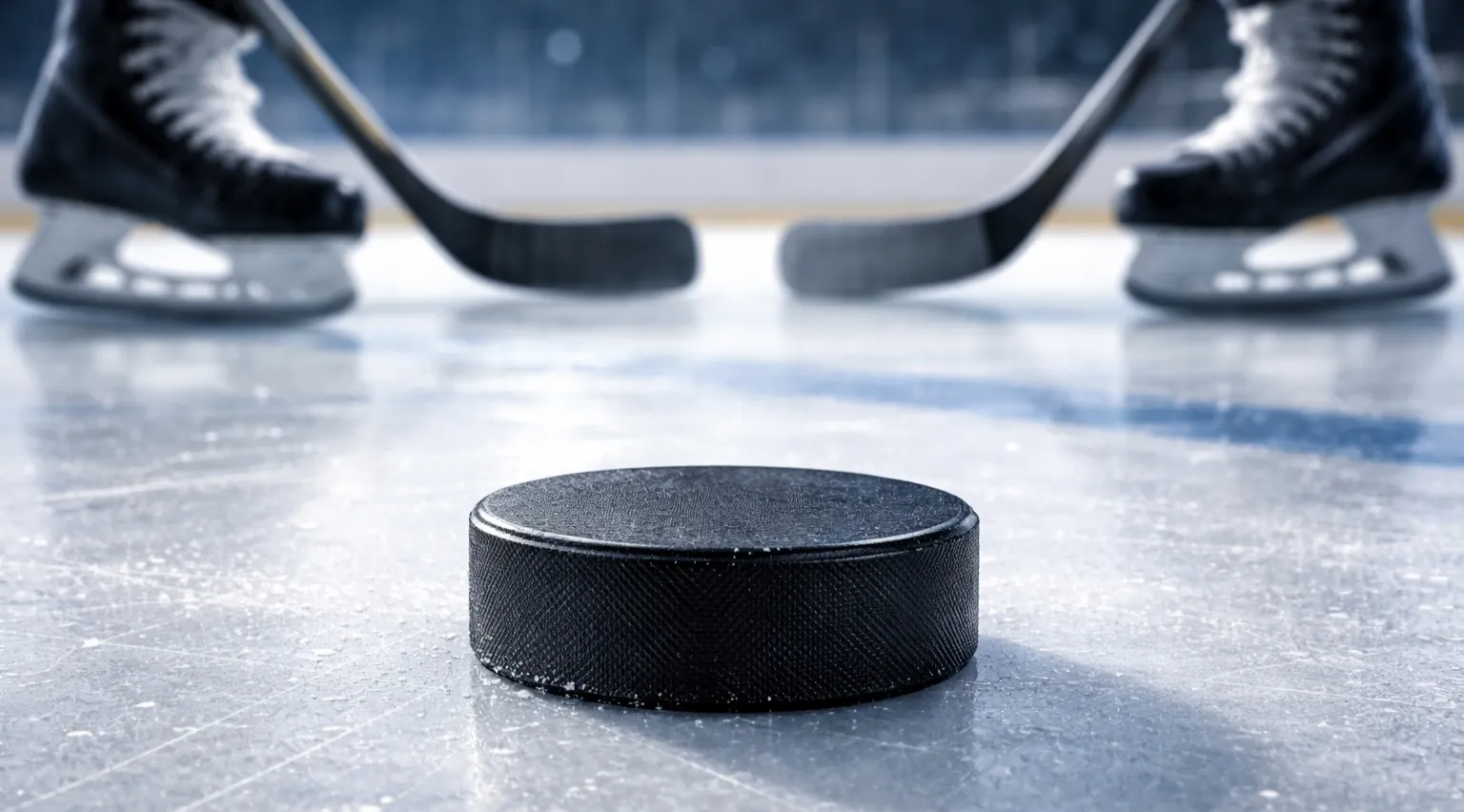 Nahaufnahme eines Eishockeypucks auf der Eisfläche mit Spielerbeinen im Hintergrund