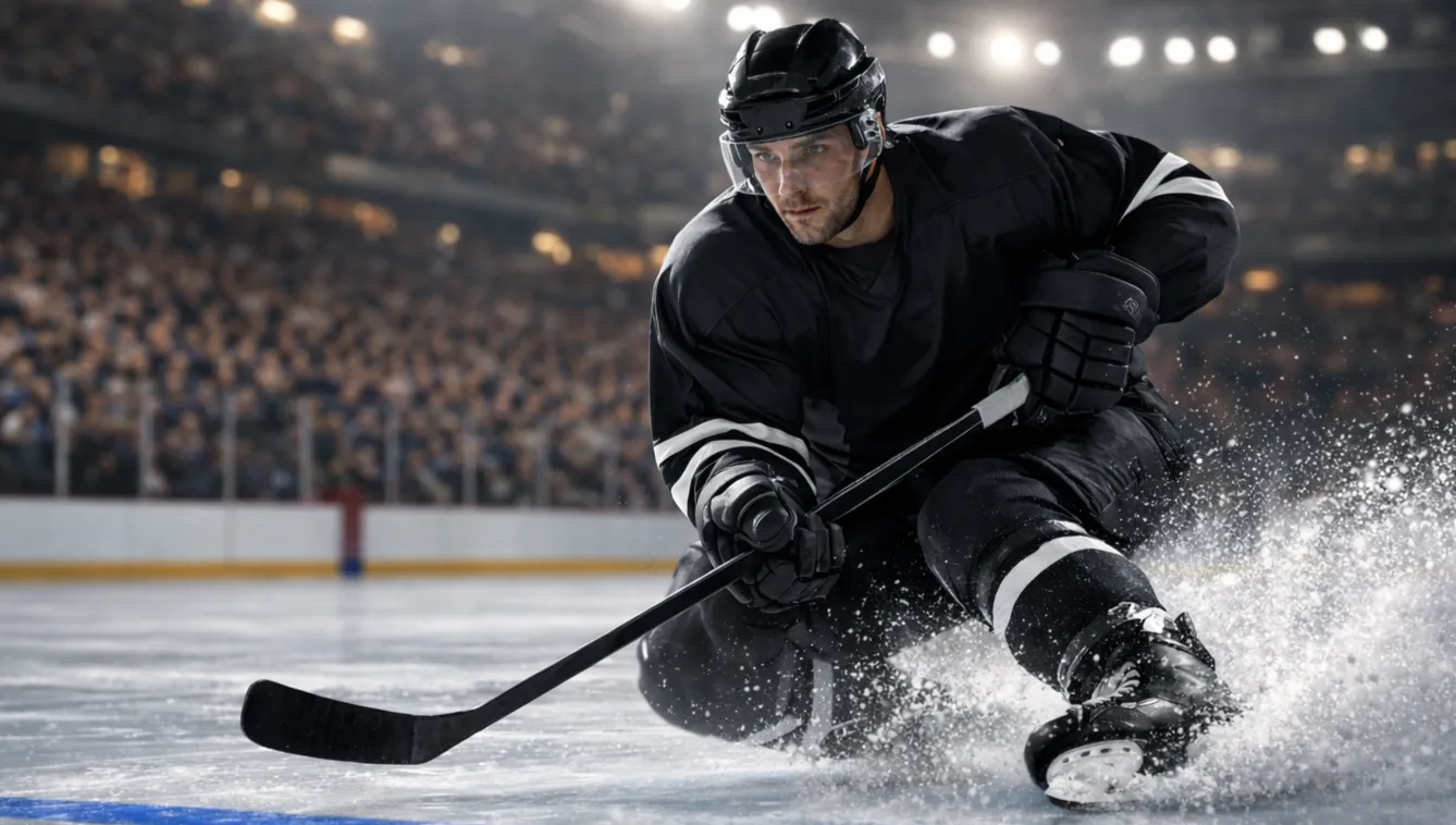Eishockeyspieler auf dem Eis unter Flutlicht in einer vollen Arena