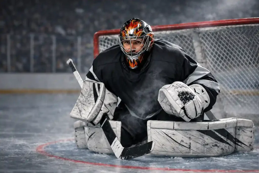 Eishockey-Torhüter in Aktion mit Fokus und konzentriertem Blick