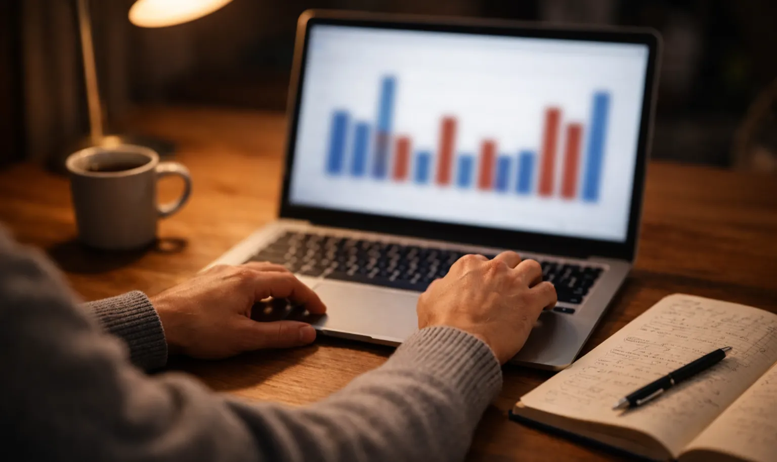 Person analysiert Eishockey-Statistiken auf einem Laptop neben Notizblock