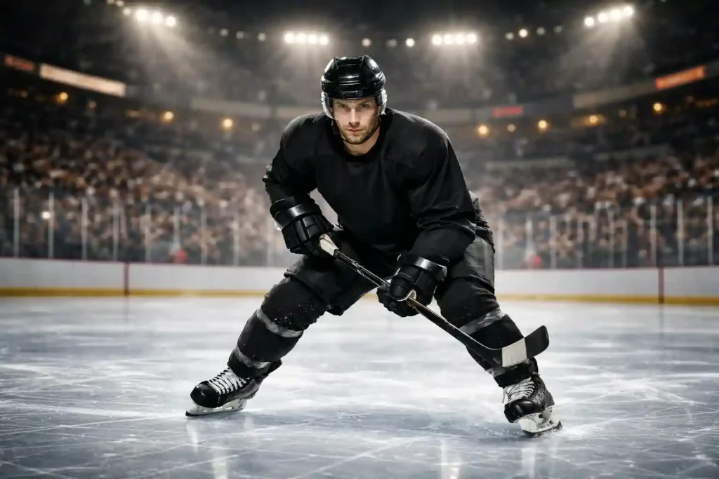 Eishockeyspieler auf dem Eis in einem NHL-Stadion mit dramatischer Beleuchtung